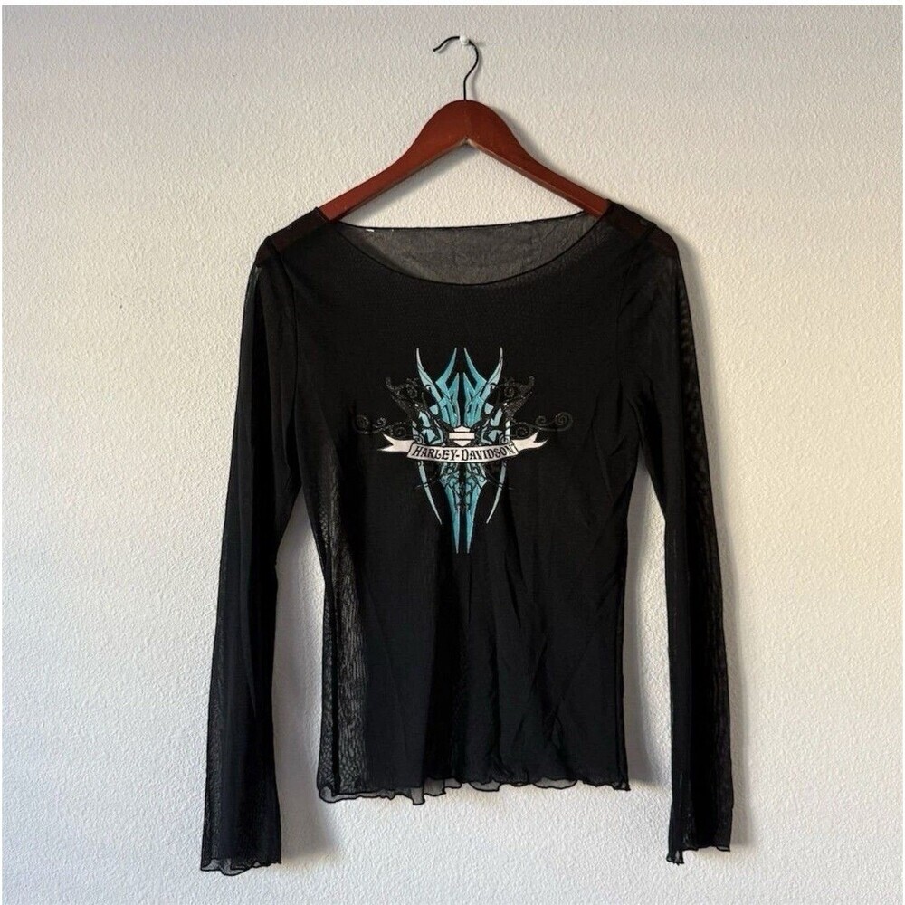 VTG Harley-Davidson Sheer Top S Long Sleeve Black Blouse Grunge Punk Cyber